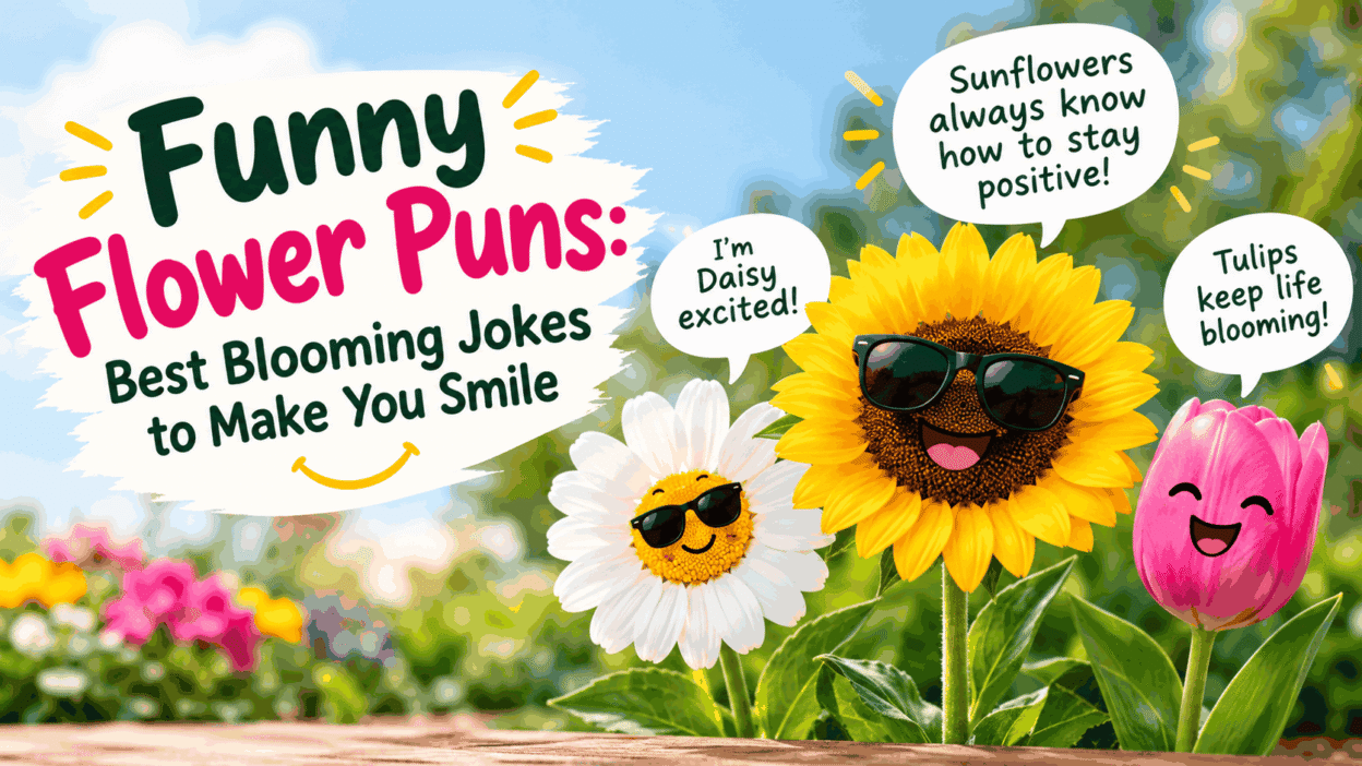 Funny flower puns featuring a smiling sunflower and colorful floral pun captions