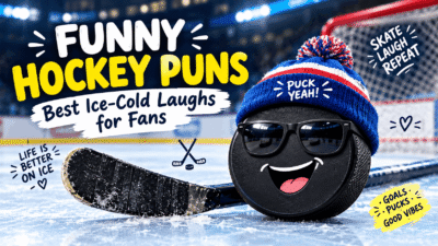 Funny hockey puns featuring a smiling hockey puck, hockey stick, and ice rink