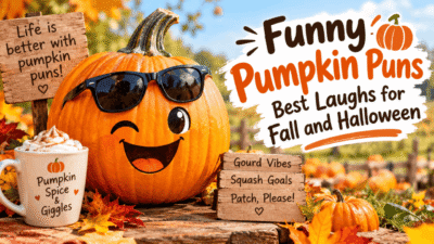 Funny pumpkin puns with a smiling pumpkin for fall and Halloween