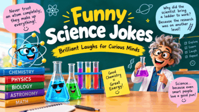 Funny science jokes with a cartoon scientist, colorful laboratory equipment, and smiling science characters.