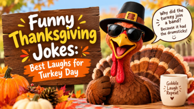 Funny Thanksgiving jokes with a laughing turkey in sunglasses