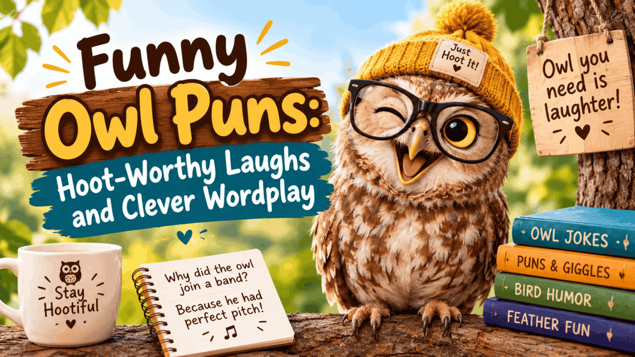 Funny owl puns featuring a cute owl with glasses and clever bird jokes