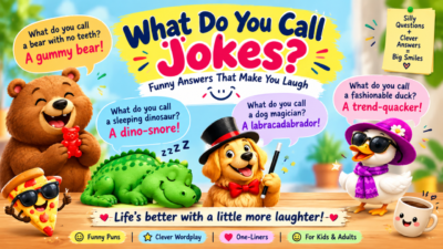 Funny what do you call jokes featuring a gummy bear, sleeping dinosaur, magician dog, and fashionable duck.