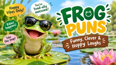 Alt Text: Funny frog puns with a cheerful frog wearing sunglasses