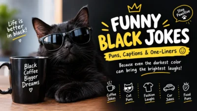 Funny black jokes featuring a black cat, black coffee, clever puns, captions, and one-liners