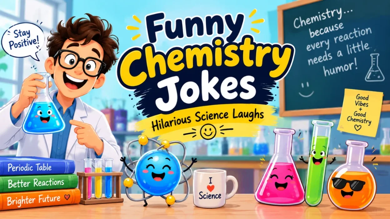 Funny chemistry jokes featuring a cartoon scientist, smiling atoms, and colorful laboratory test tubes