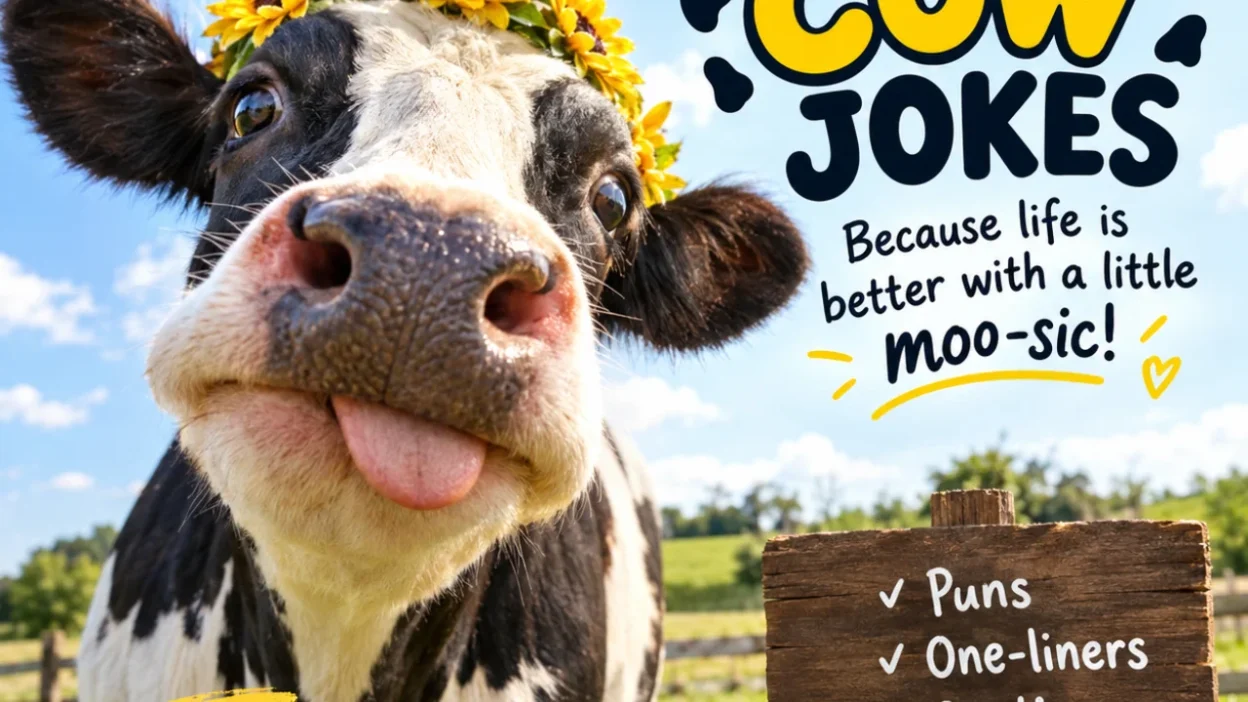 Funny cow jokes with a playful cow in a sunny farm field