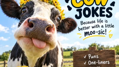 Funny cow jokes with a playful cow in a sunny farm field