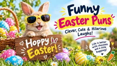 Funny Easter puns with a cheerful bunny, colorful Easter eggs, and Hoppy Easter decorations