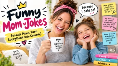 Funny mom jokes featuring a laughing mother and daughter with humorous captions
