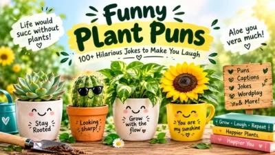 Funny plant puns with cute succulents, a smiling cactus, and a sunflower