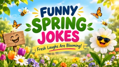 Funny spring jokes with colorful flowers, bees, butterflies, and a cheerful spring scene