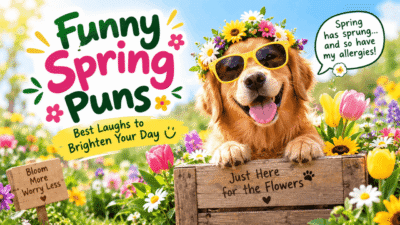 Funny spring puns with a golden retriever wearing sunglasses and a flower crown in a colorful garden
