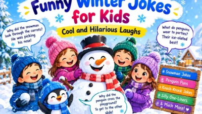 Funny winter jokes for kids featuring smiling children, a snowman, and a penguin in a snowy winter scene