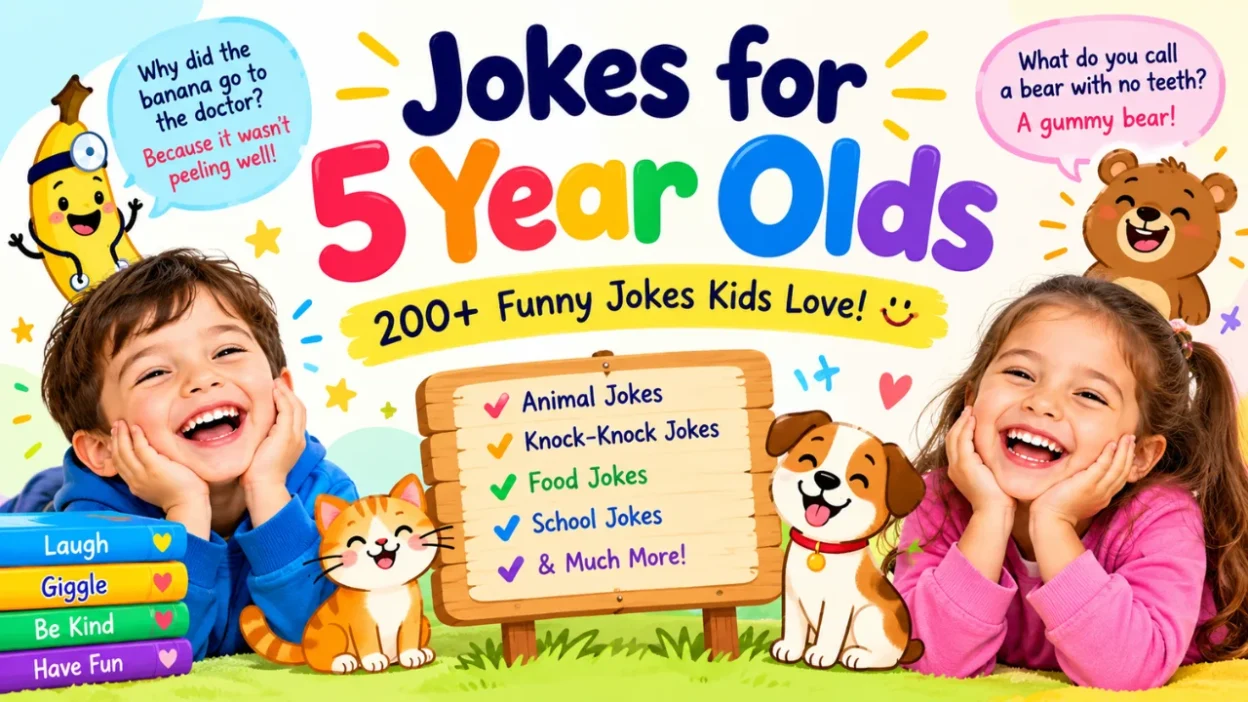Colorful jokes for 5 year olds featuring laughing kids, funny animals, and silly cartoon characters