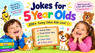 Colorful jokes for 5 year olds featuring laughing kids, funny animals, and silly cartoon characters