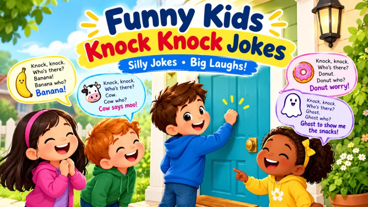 Funny kids knock knock jokes with laughing children and colorful joke speech bubbles