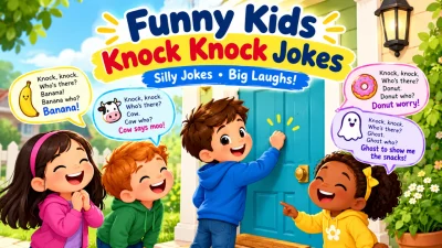 Funny kids knock knock jokes with laughing children and colorful joke speech bubbles