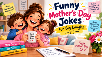 Funny Mother's Day jokes featuring a laughing mother and daughter with flowers and a Best Mom Ever mug