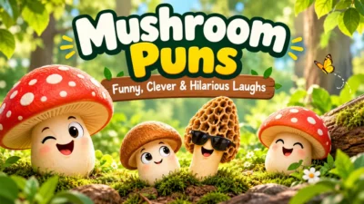 Funny mushroom puns featuring cute mushrooms in a colorful forest setting
