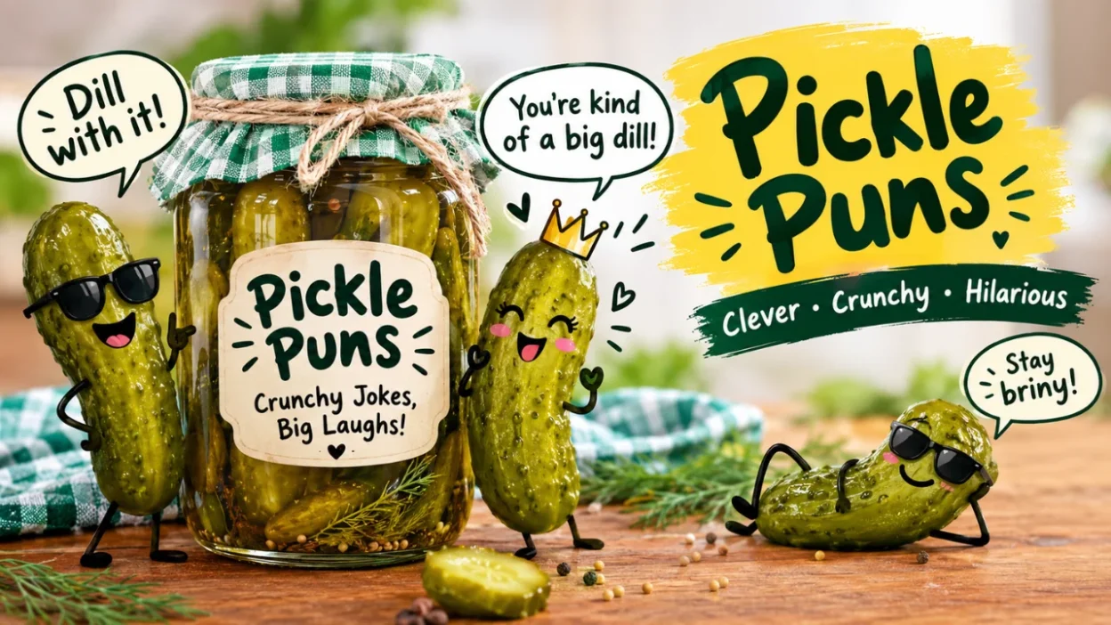 Funny pickle puns with playful pickle characters and a jar of pickles
