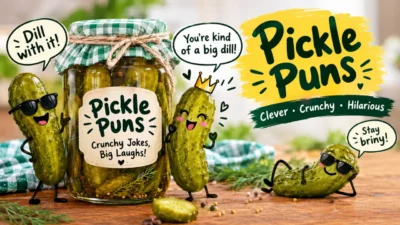 Funny pickle puns with playful pickle characters and a jar of pickles