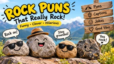Funny rock puns with playful cartoon rocks, mountain background, and humorous speech bubbles