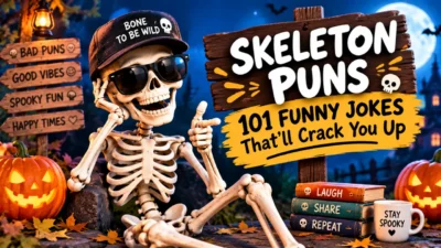 Funny skeleton wearing sunglasses for a skeleton puns and Halloween jokes article