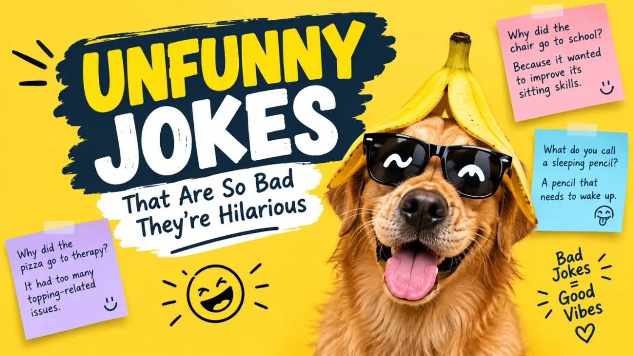 Unfunny jokes that are so bad they’re hilarious with a funny dog wearing sunglasses