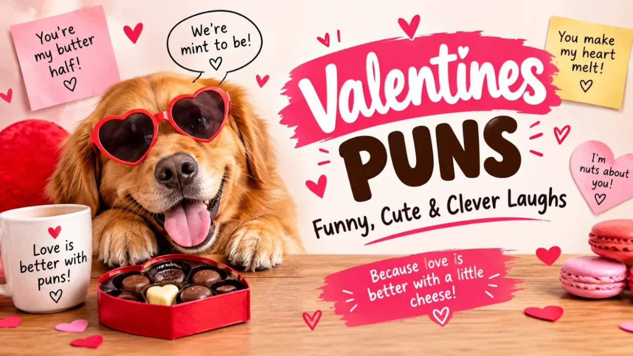 Valentines puns with a cute dog, chocolates, hearts, and funny Valentine’s Day messages