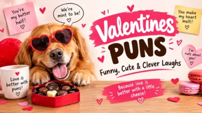 Valentines puns with a cute dog, chocolates, hearts, and funny Valentine’s Day messages