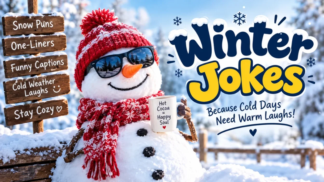Winter jokes featuring funny snow humor, cold weather puns, and hilarious winter laughs